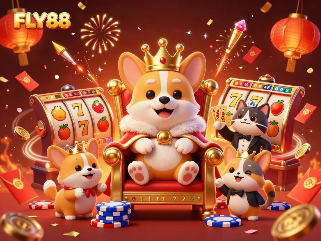 FLY88 brings excitement with a royal corgi on a poker chip throne amidst vibrant casino elements.