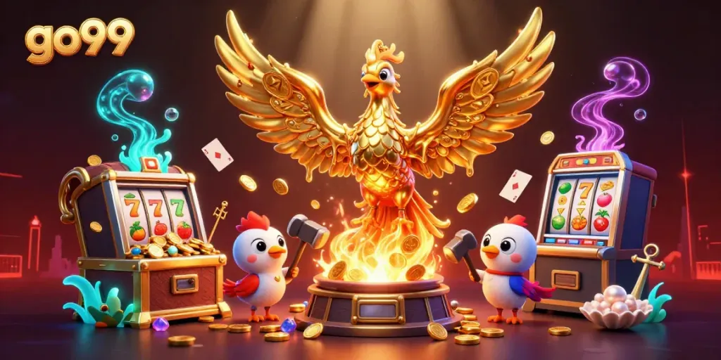 Experience thrilling gameplay with go99's golden phoenix and slots in a vibrant 3D illustration.
