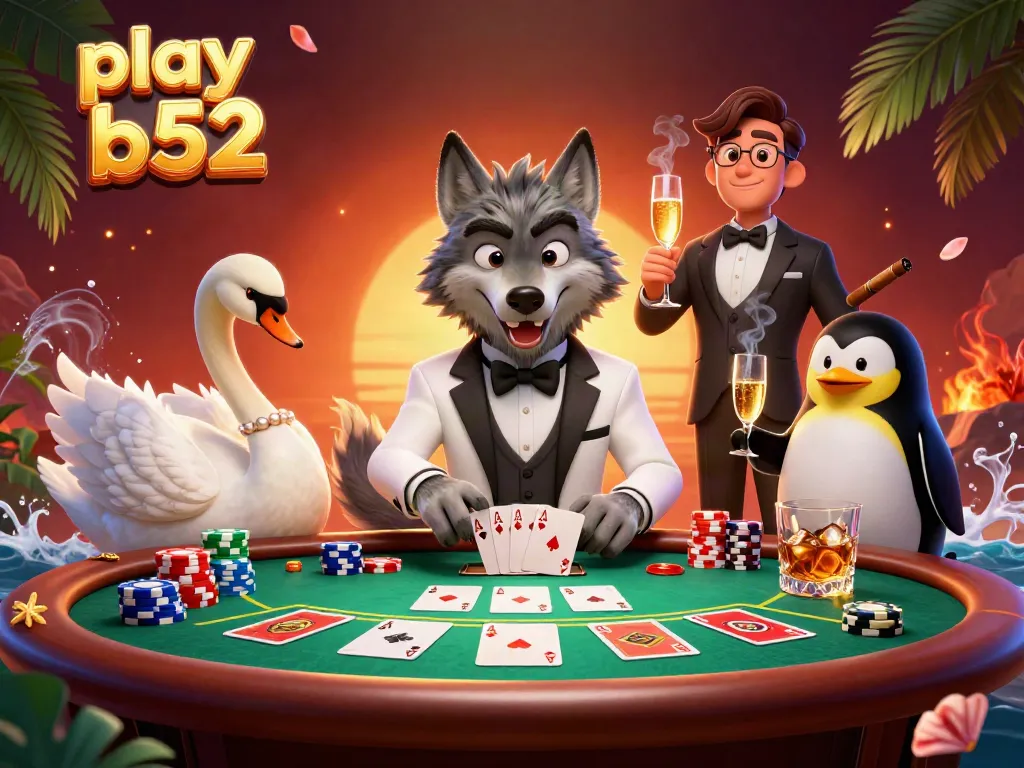 Experience play b52 with a debonair wolf and elegant swan at a vibrant baccarat table.