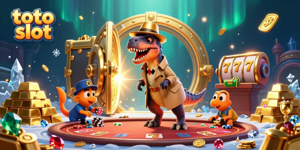 Engage with the exciting world of toto slot featuring a velociraptor card counter amidst a vibrant casino scene.