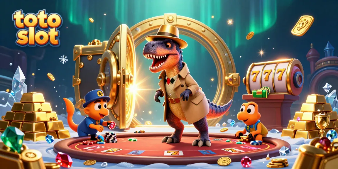 Engage with the exciting world of toto slot featuring a velociraptor card counter amidst a vibrant casino scene.