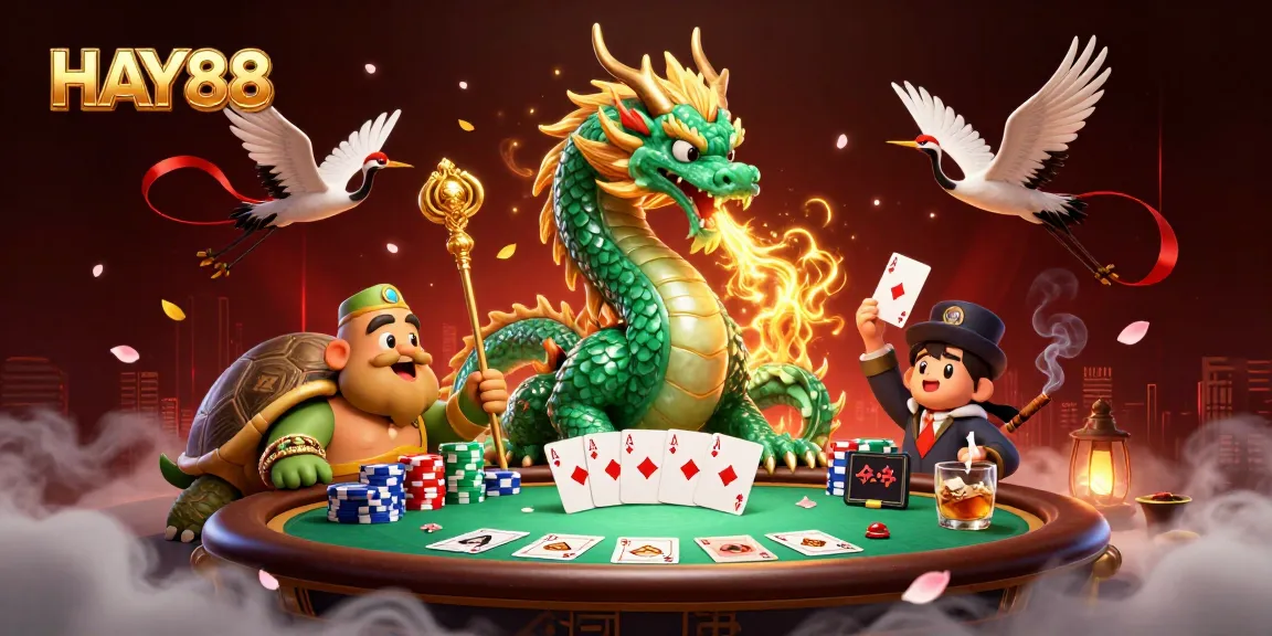Experience high-stakes gaming with HAY88's mythical scene featuring a jade dragon and poker elements.