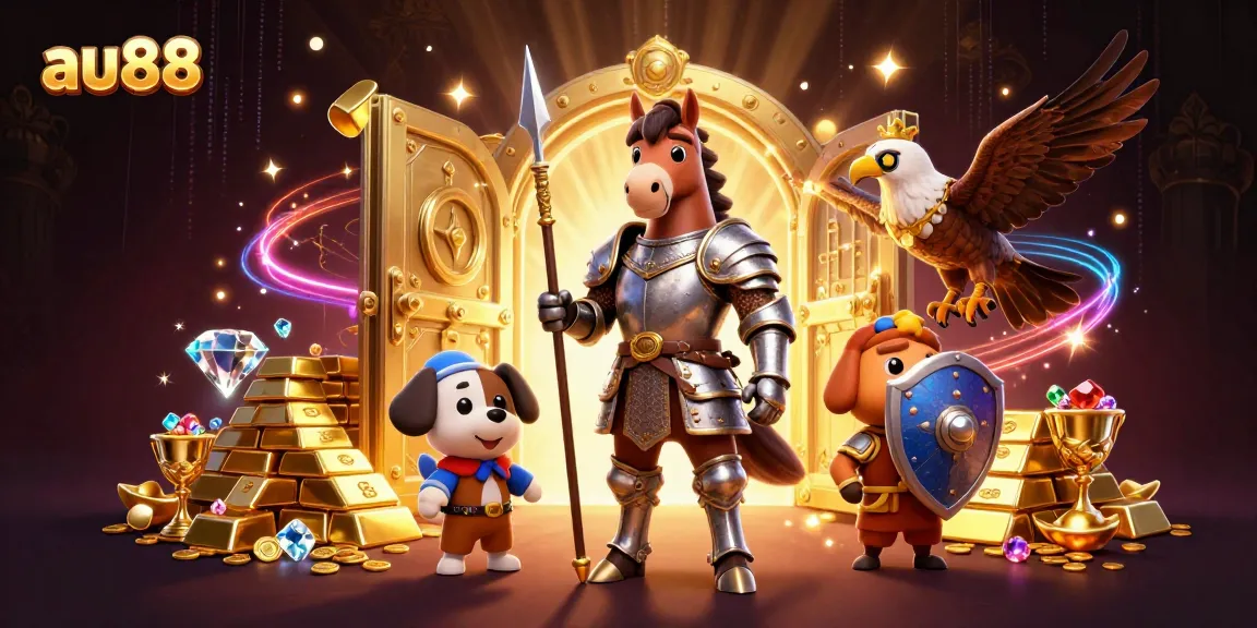Engage in thrilling gaming with au88's vibrant illustration of a knight, a squire puppy, and treasure.
