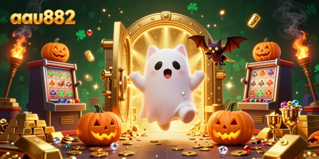 Experience thrilling wins at aau882 with a ghost cat and vampire bat in a haunted casino setting.