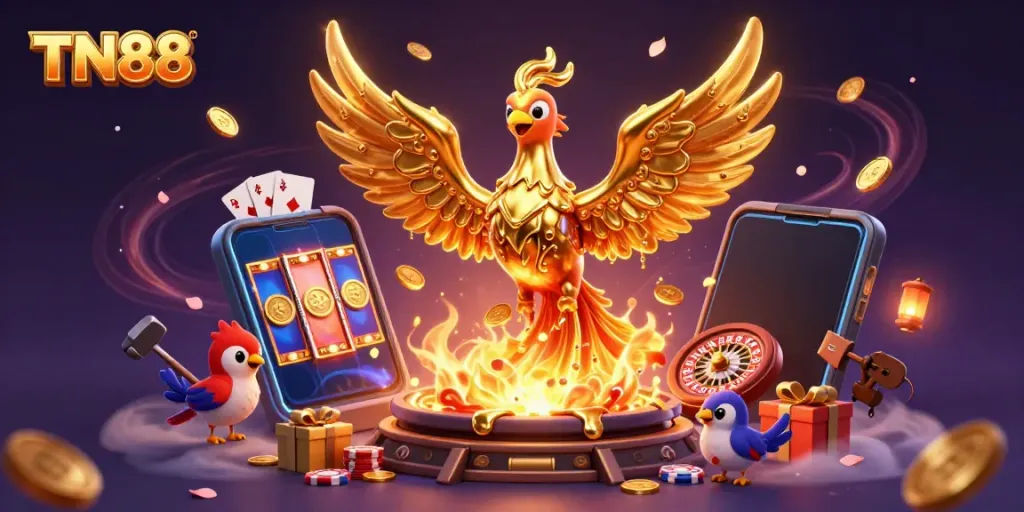 Experience the thrill of TN88 with a molten gold phoenix and dynamic casino elements.