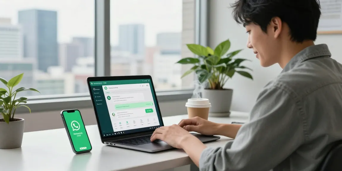 WhatsApp下載 shown on a laptop screen in a modern tech workspace