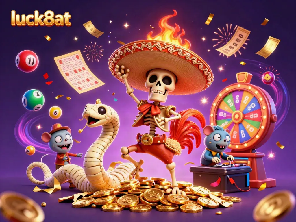 Engage with luck8at's vibrant casino experience featuring a jubilant mariachi rooster and celebratory elements.