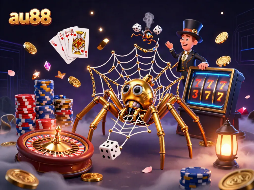 Experience the thrill of gambling at au88 with a whimsical casino-themed scene featuring a golden spider and an amused gentleman.
