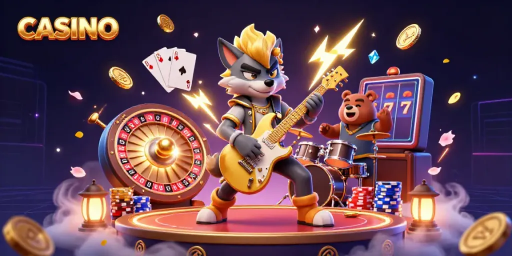 Experience the excitement of CASINO entertainment with a rock star wolf and drummer bear in an electrifying 3D scene.