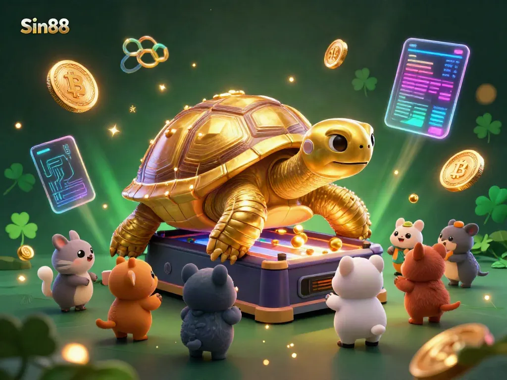 Engage with Sin88's thrilling gaming atmosphere featuring crypto elements and a unique pinball tortoise.