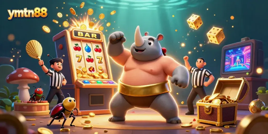 Experience thrilling action at ymtn88 with our vibrant casino-themed illustration featuring a golden beetle champion!