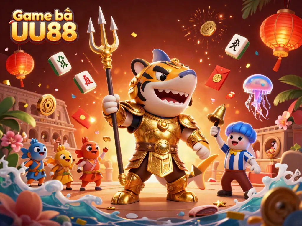 Experience the thrill of Game bài UU88 with a fierce shark gladiator amidst casins games.