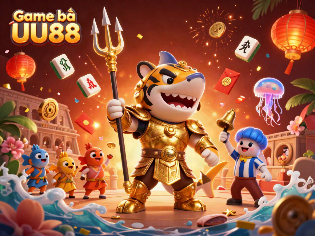 Experience the thrill of Game bài UU88 with a fierce shark gladiator amidst casins games.