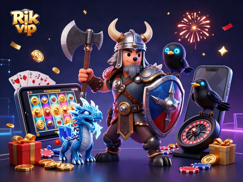Engage with Rik vip through an exciting cartoon scene with a Viking warrior, dragon, and casino elements.