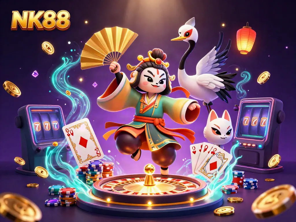 Experience the thrill of NK88 with vibrant gaming symbols and dynamic characters in action.