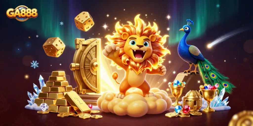 Join the excitement at GA888 with a roaring lion and dazzling casino treasures in a vibrant illustration.