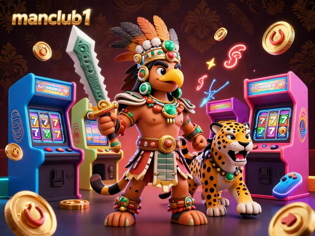 Spin and win at manclub1 with an illustrated casino scene showcasing Aztec warriors and gaming elements.
