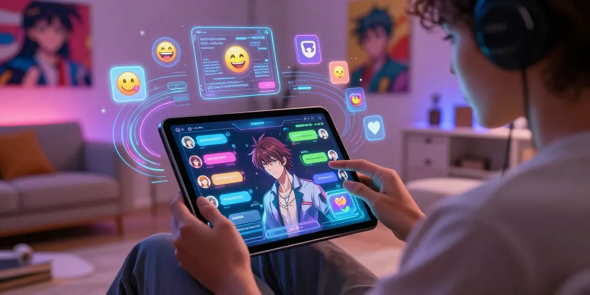 Engaging AI chat hentai on a tablet with vibrant holographic characters in a modern digital space.