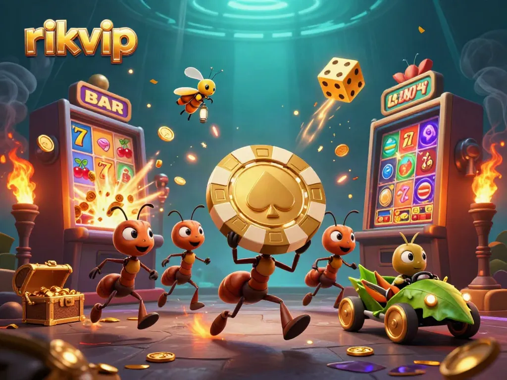 Experience the thrill of rikvip with ants carrying a giant poker chip in a vibrant casino scene.
