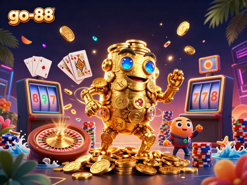 Experience thrilling wins with the go-88 jackpot, amidst a vibrant 3D casino scene full of rich details.