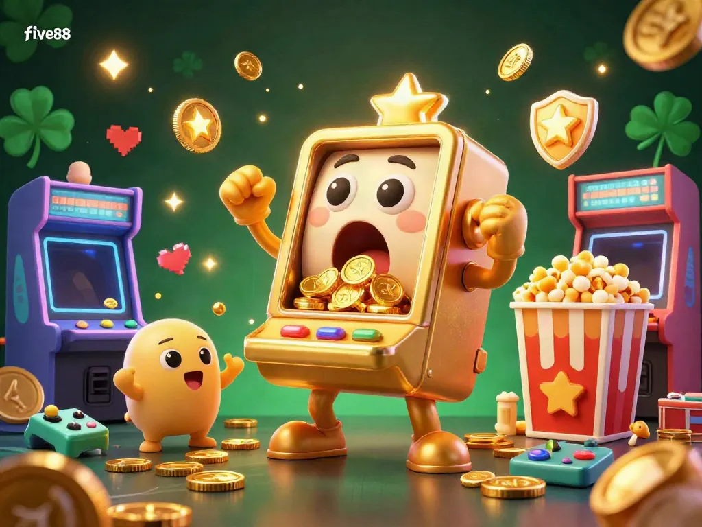 Experience the excitement of five88 as cartoon slot machines celebrate jackpot wins amidst a vibrant casino environment.