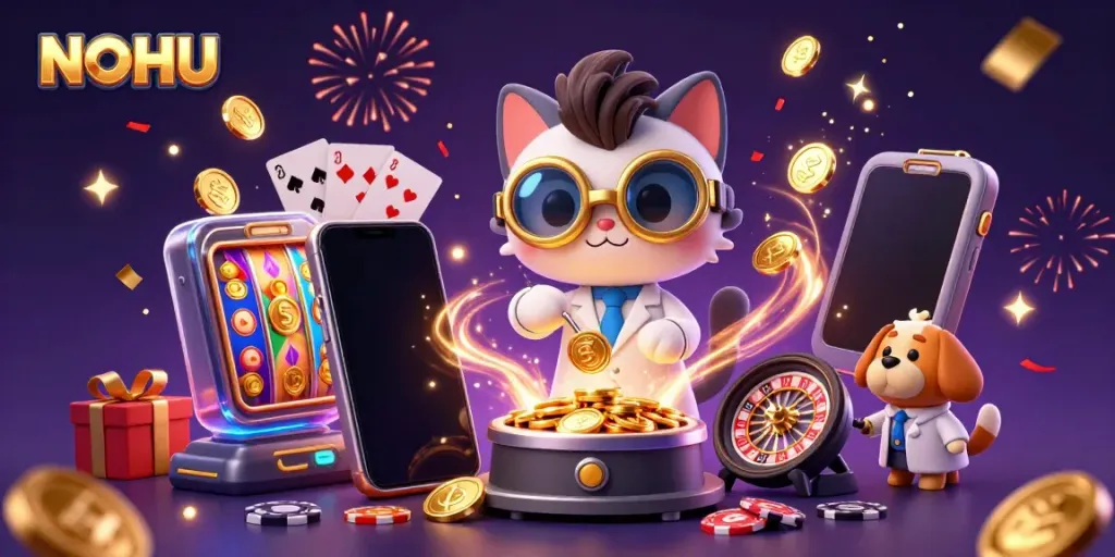 NOHU's mad scientist cat and dog create excitement with coins and slot games in a lively lab scene.