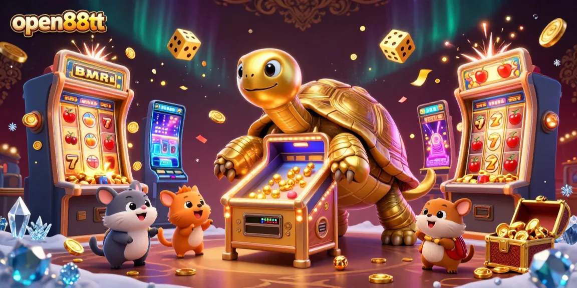 Experience thrilling gaming action at open88tt with a colossal golden tortoise pinball machine amid a dazzling casino scene.