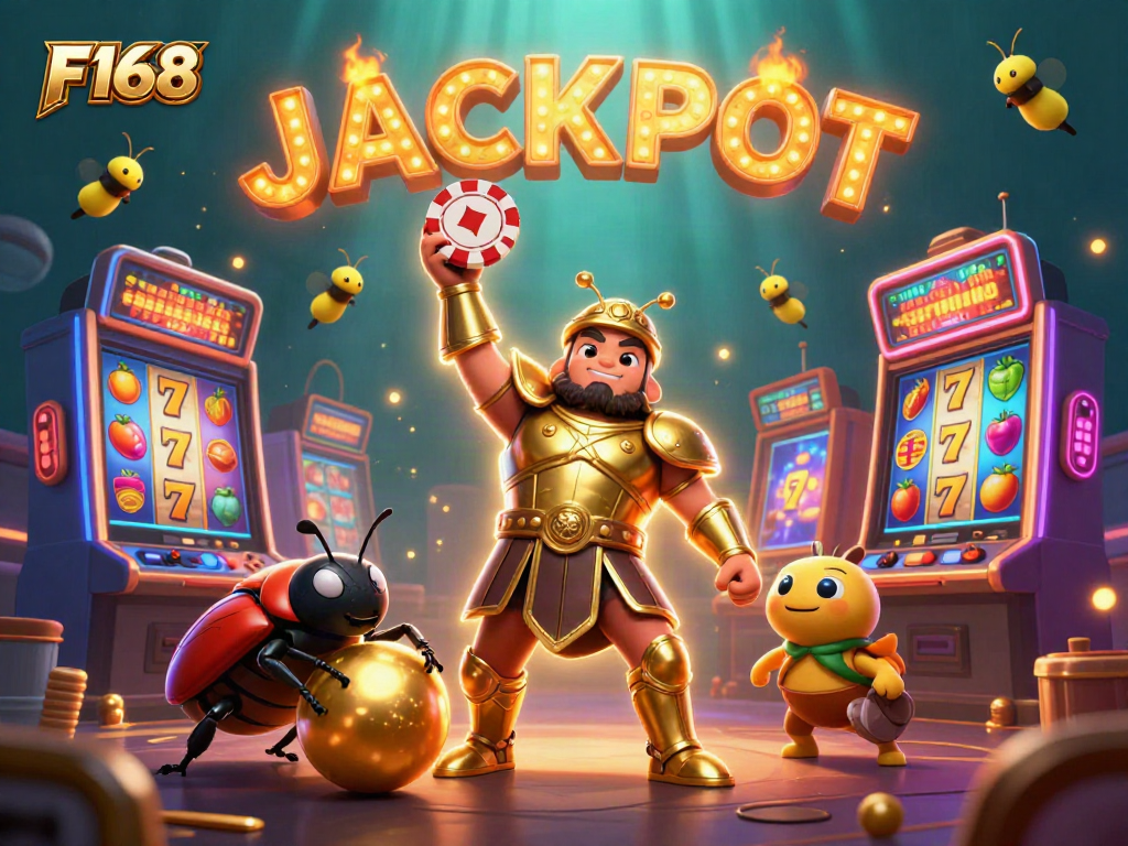 Experience the thrill of F168 games with beetles celebrating a jackpot win amidst dynamic casino elements.