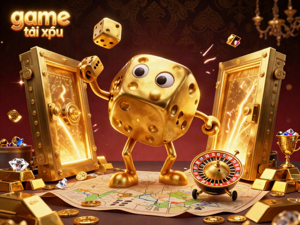 Engage with game tài xỉu through this vibrant scene showcasing a golden dice golem and treasure elements.
