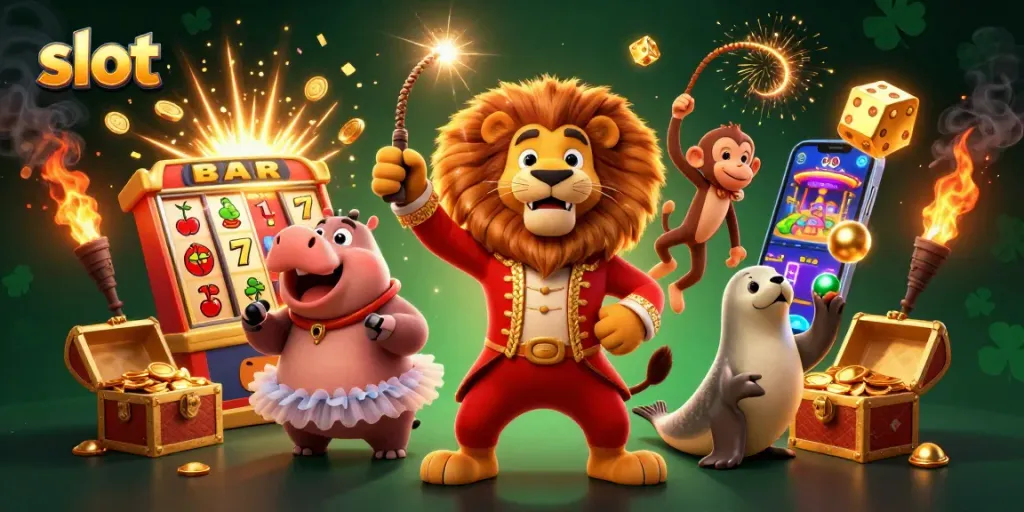 Experience thrilling slot action with vibrant characters and jackpot animations in this 3D casino scene.