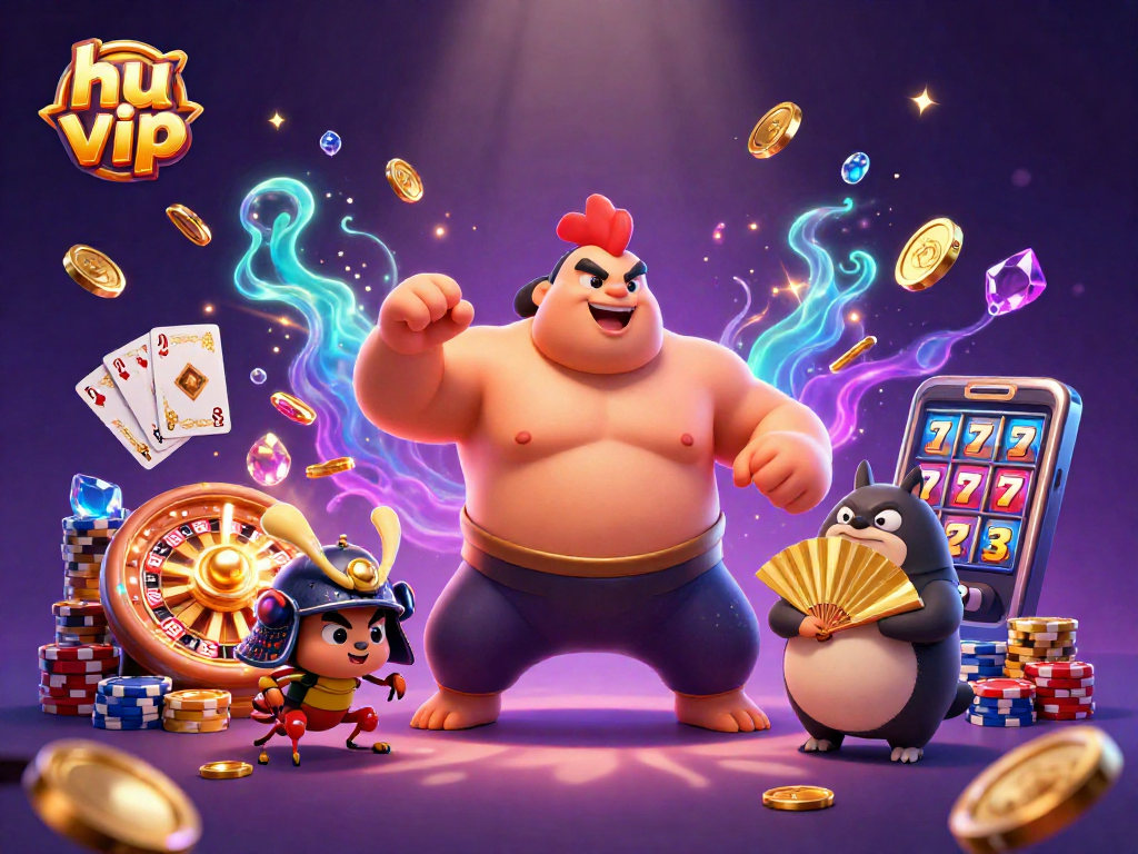 Experience thrilling gaming action at hu vip with a sumo wrestler, fighting cricket, and announcer amidst casino elements.