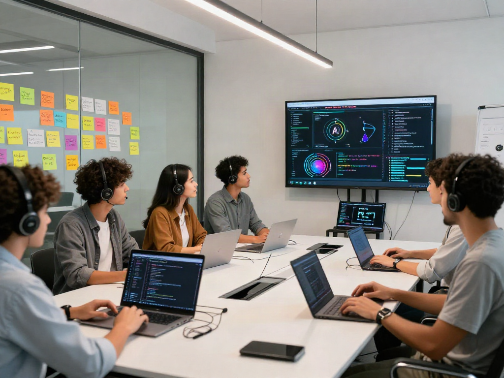 Collaborative workspace for NSFW AI developers brainstorming innovative projects, showcasing technology and creativity.