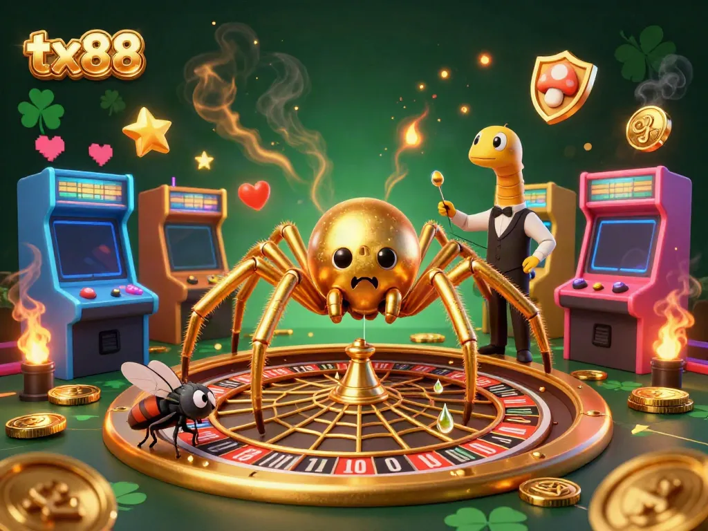Engage with tx88 as a fly places bets nervously on a roulette wheel spun by a centipede croupier, in a vibrant casino scene.