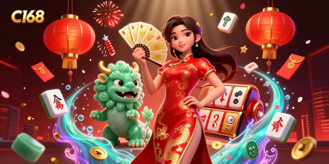 C168 casino scene showcasing a woman in a qipao holding golden playing cards amid vibrant slot machine elements.