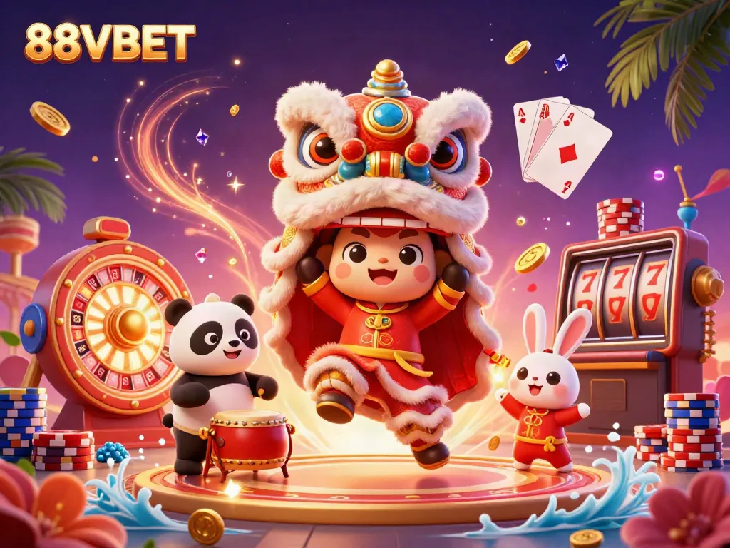 Experience vibrant gaming action with 88VBET's lively characters amidst golden coins and casino elements.