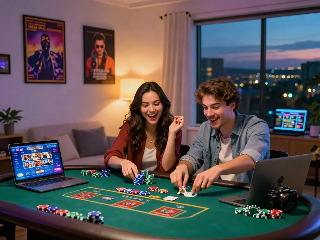 Real money USA online casinos couple enjoying poker at home with vibrant decor