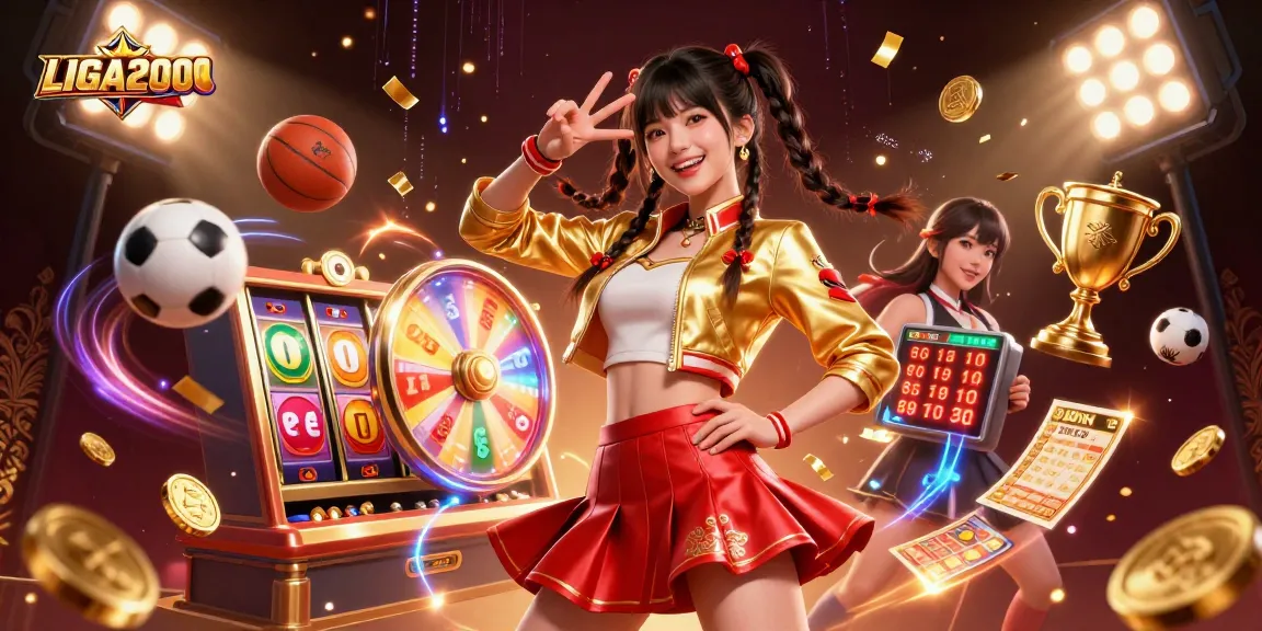 Slot LIGA2000 memperlihatkan seorang wanita Asia yang menikmati sensasi dengan roda hadiah berwarna-warni dan energi yang vibrant.