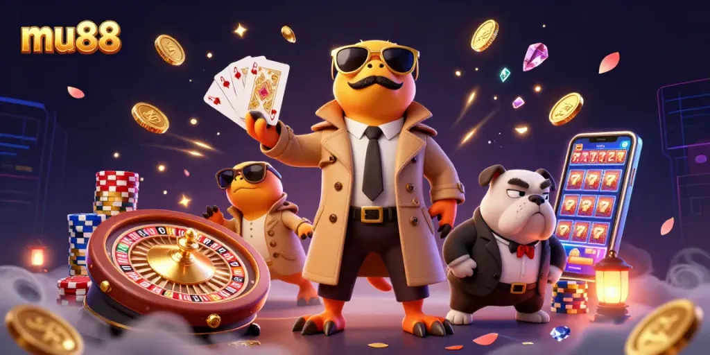 mu88 casino scene with raptors and bouncer, vibrant gaming atmosphere