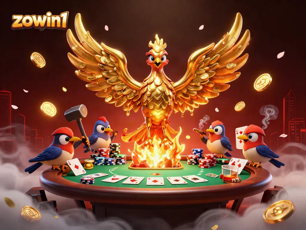 Win big at zowin1 with thrilling poker action featuring a golden phoenix and vibrant casino elements.