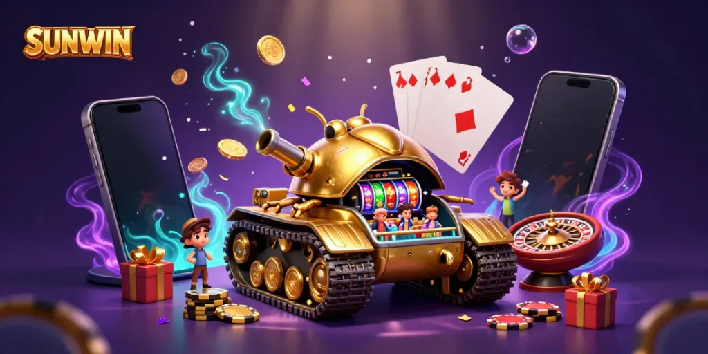 SUNWIN's animated casino scene with a golden beetle tank, lively gaming elements, and vibrant colors.