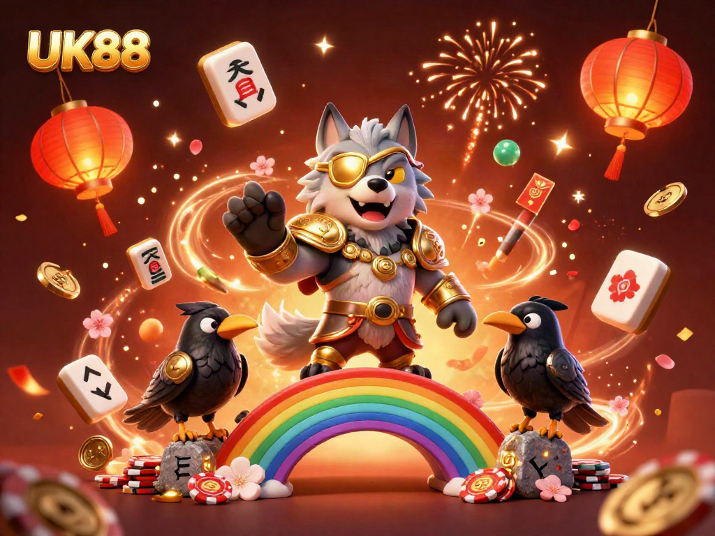 Engage with UK88's vibrant 3D illustration showcasing Odin and ravens amidst a festive casino atmosphere.