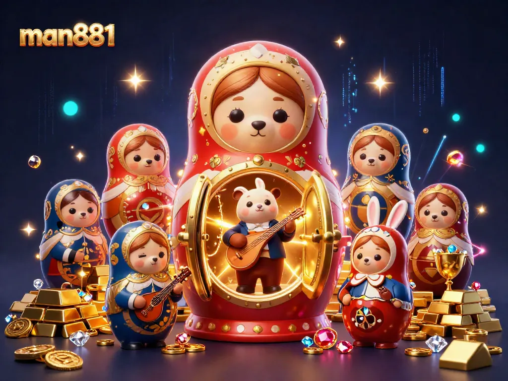 Win big at man881 with an exciting 3D illustration of casino-themed characters and golden treasures.