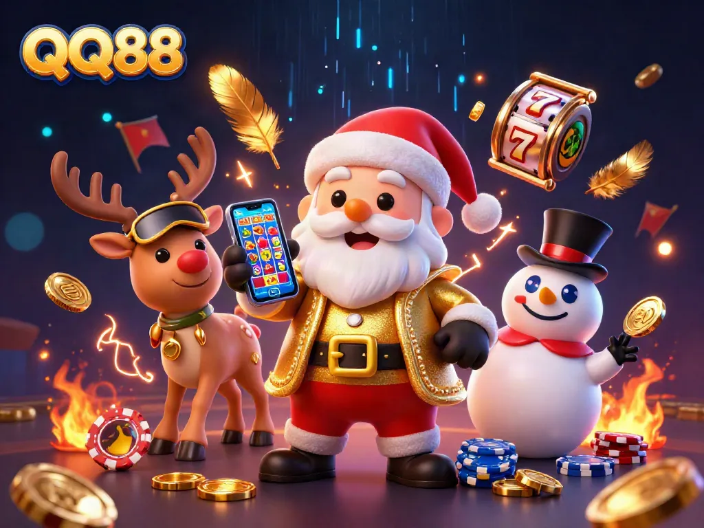 Experience thrilling gaming with QQ88 as Santa Claus, a dealer reindeer, and a poker chip snowman gather in a glitzy casino.