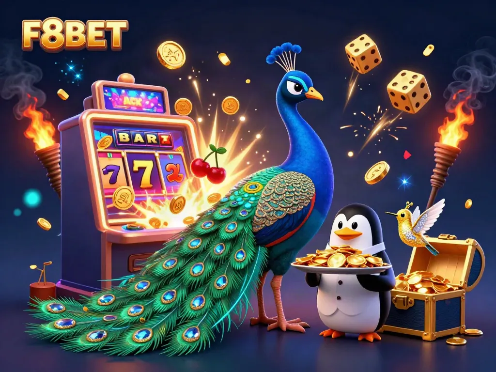Join the action at F8BET with vibrant casino games featuring a peacock, penguin, and hummingbird!