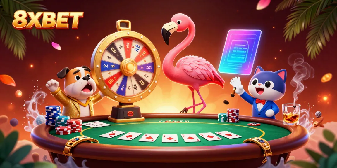 Spin the 8XBET prize wheel with a lively bulldog contestant in this vibrant casino scene.
