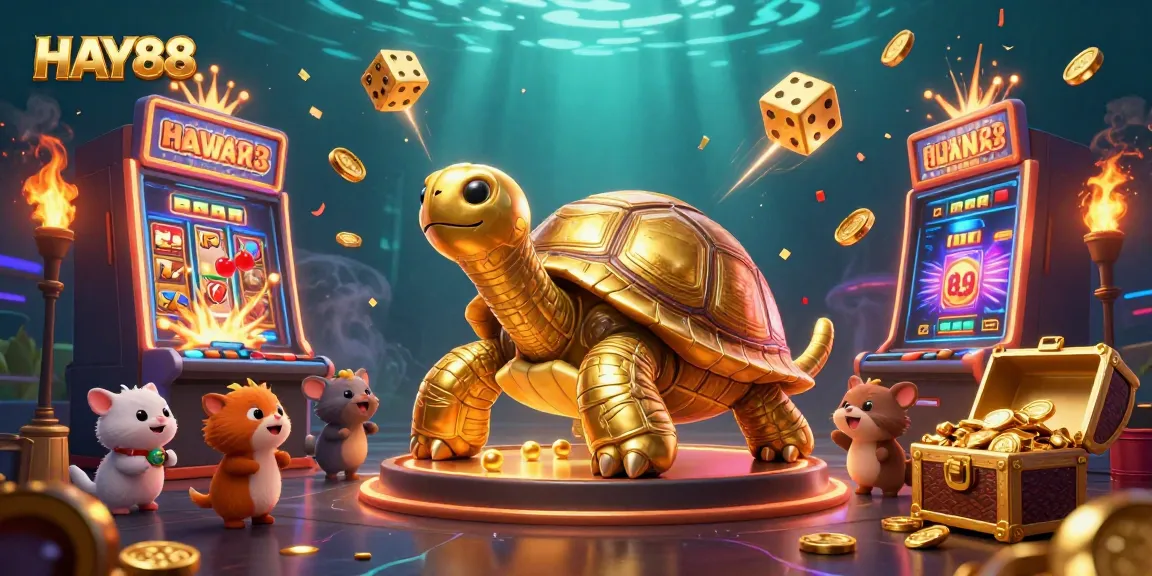 Experience the excitement at HAY88 with a vibrant 3D scene featuring a playful tortoise and dynamic casino elements.