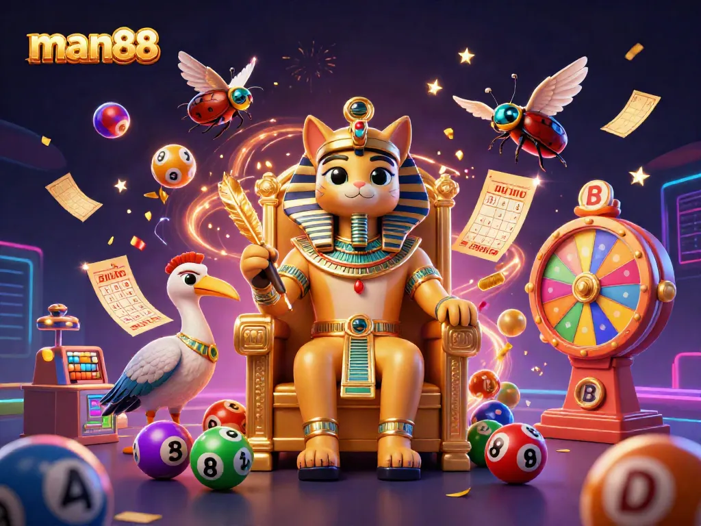 Engage in the thrill of casino gaming with man88, featuring colorful animated elements and a dynamic pharaoh scene.