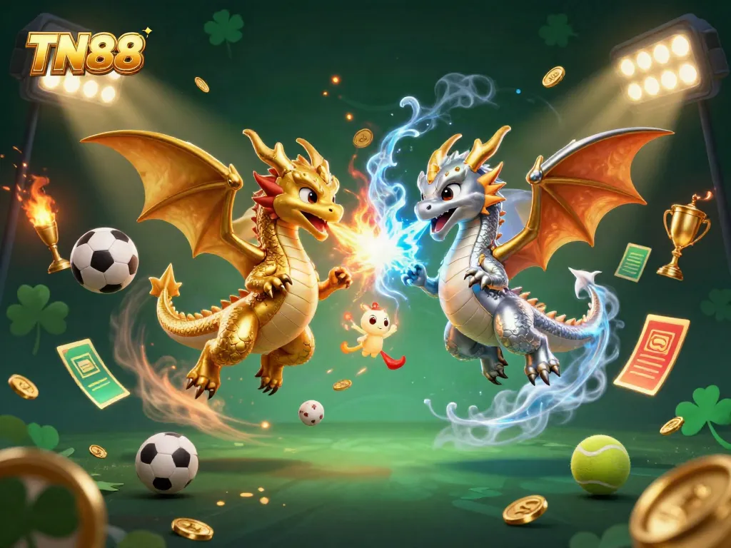 Engage with the dynamic TN88 scene of dragons and sports elements in a vibrant casino atmosphere.