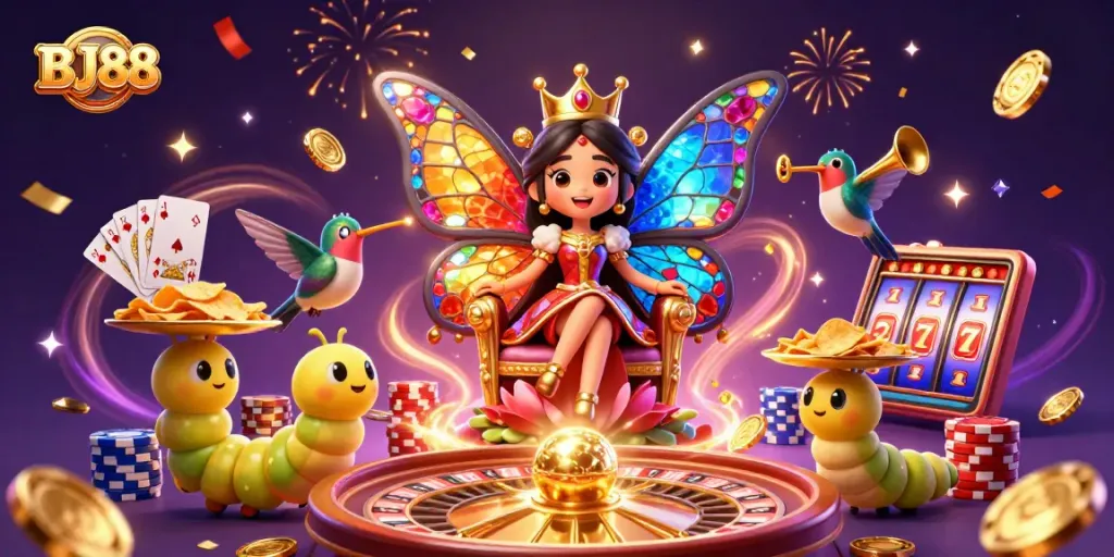 BJ88 captures a magical casino scene with a butterfly queen, poker elements, and sparkling coins.