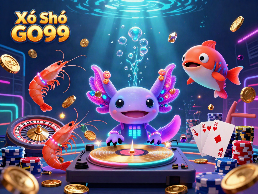 Xổ Số GO99 brings excitement with vibrant characters, golden coins, and dynamic gambling elements.